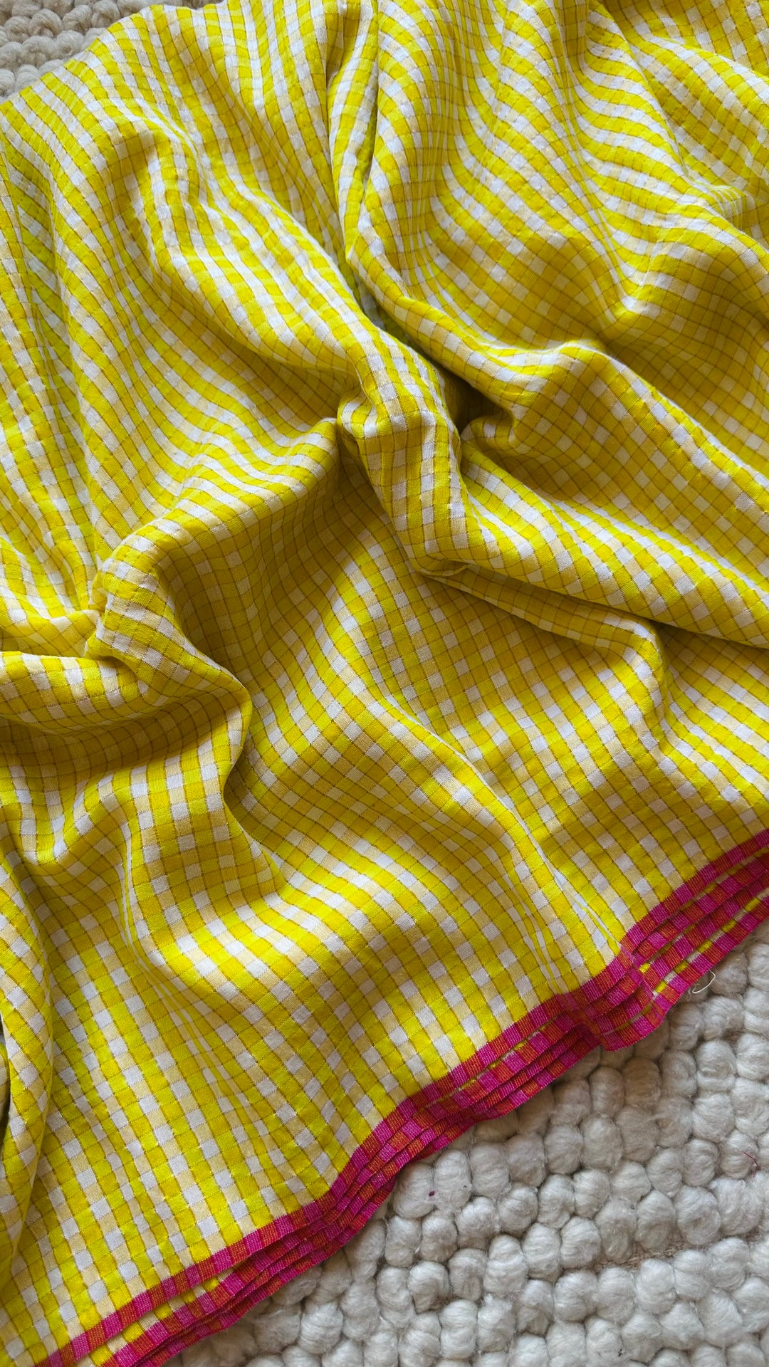 HANDWOVEN LEMON-YELLOW ZARI CHECKS PURE MULMUL COTTON SAREE (DISPATCH TIME IS 15-20 DAYS)