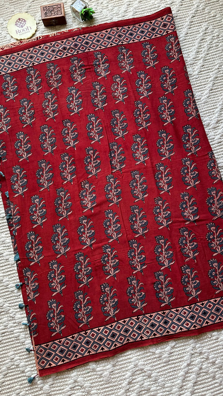 PREMIUM AJRAKH HAND BLOCK PRINTED PURE SOFT COTTON SAREE- 001