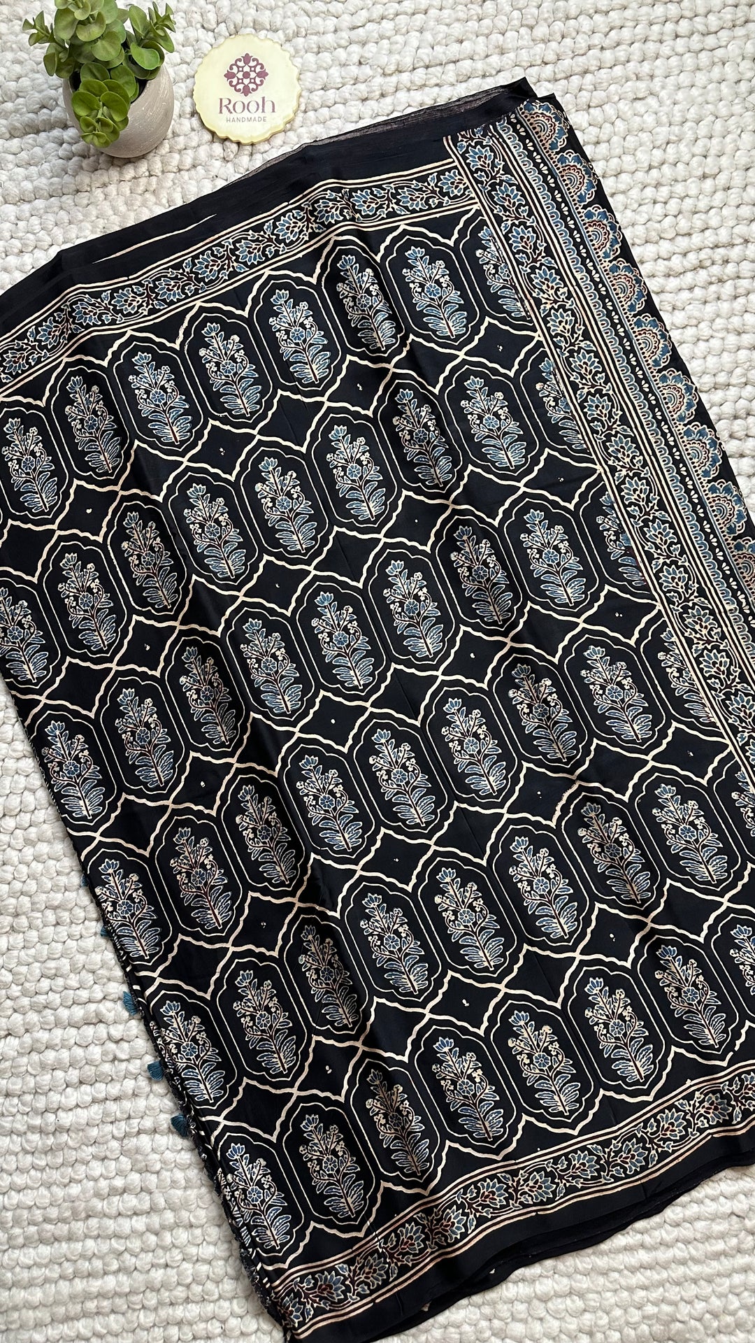 JHAROKHA- MIDNIGHT BLACK AJRAKH HAND BLOCK PRINTED PREMIUM MODAL SILK SAREE