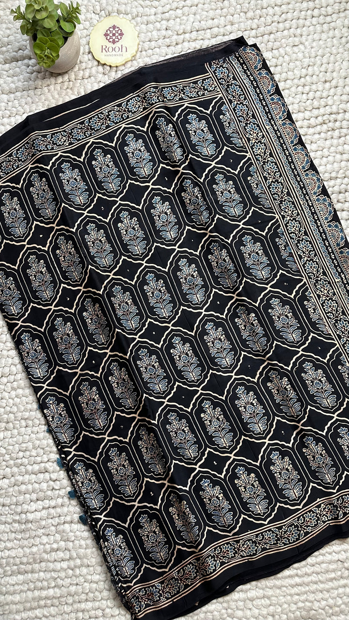 JHAROKHA- MIDNIGHT BLACK AJRAKH HAND BLOCK PRINTED PREMIUM MODAL SILK SAREE