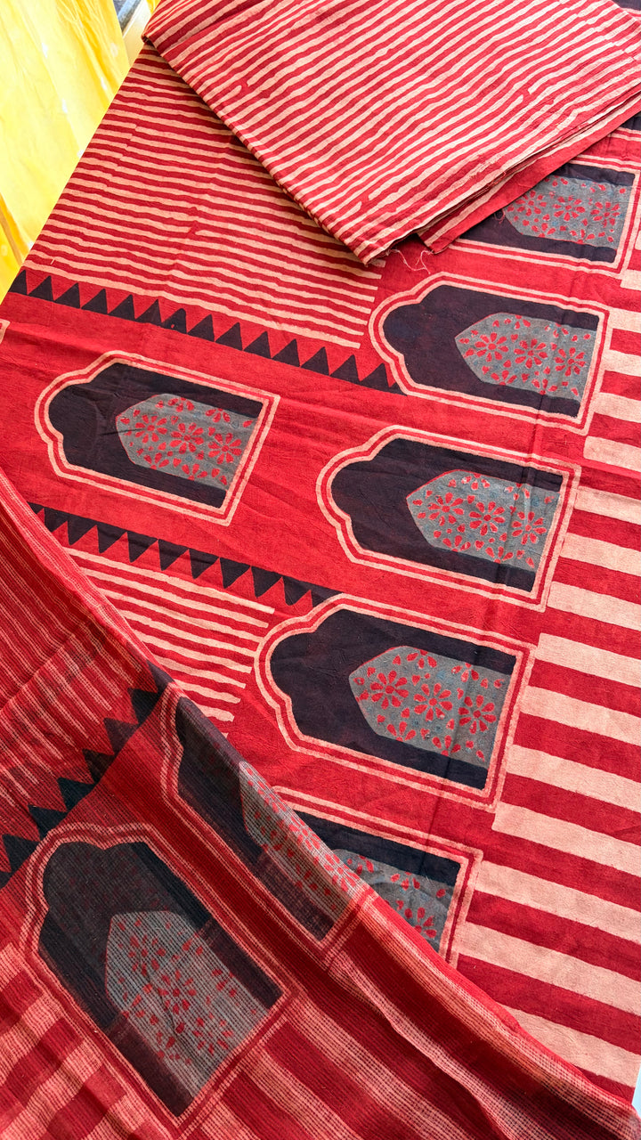 AJRAKH HANDBLOCK PRINTED UNSTITCHED DRESS MATERIAL (SET OF THREE)- MADDER RED LOVE
