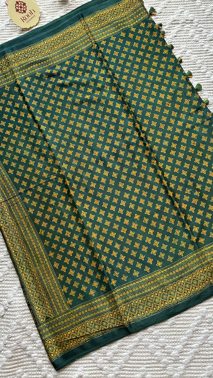 STARS IN THE FOREST - PREMIUM AJRAKH HAND BLOCK PRINTED MODAL SILK SAREE