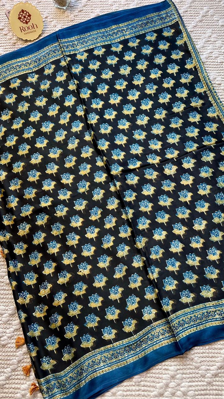 LOTUS BLOOMS 02 - SUPER PREMIUM & BUTTERY SOFT AJRAKH HAND BLOCK PRINTED MODAL SILK SAREE