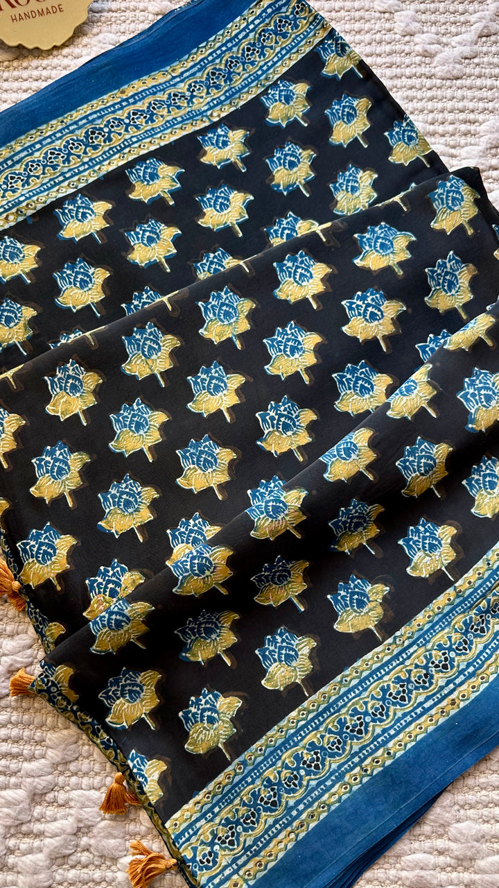 LOTUS BLOOMS 02 - SUPER PREMIUM & BUTTERY SOFT AJRAKH HAND BLOCK PRINTED MODAL SILK SAREE