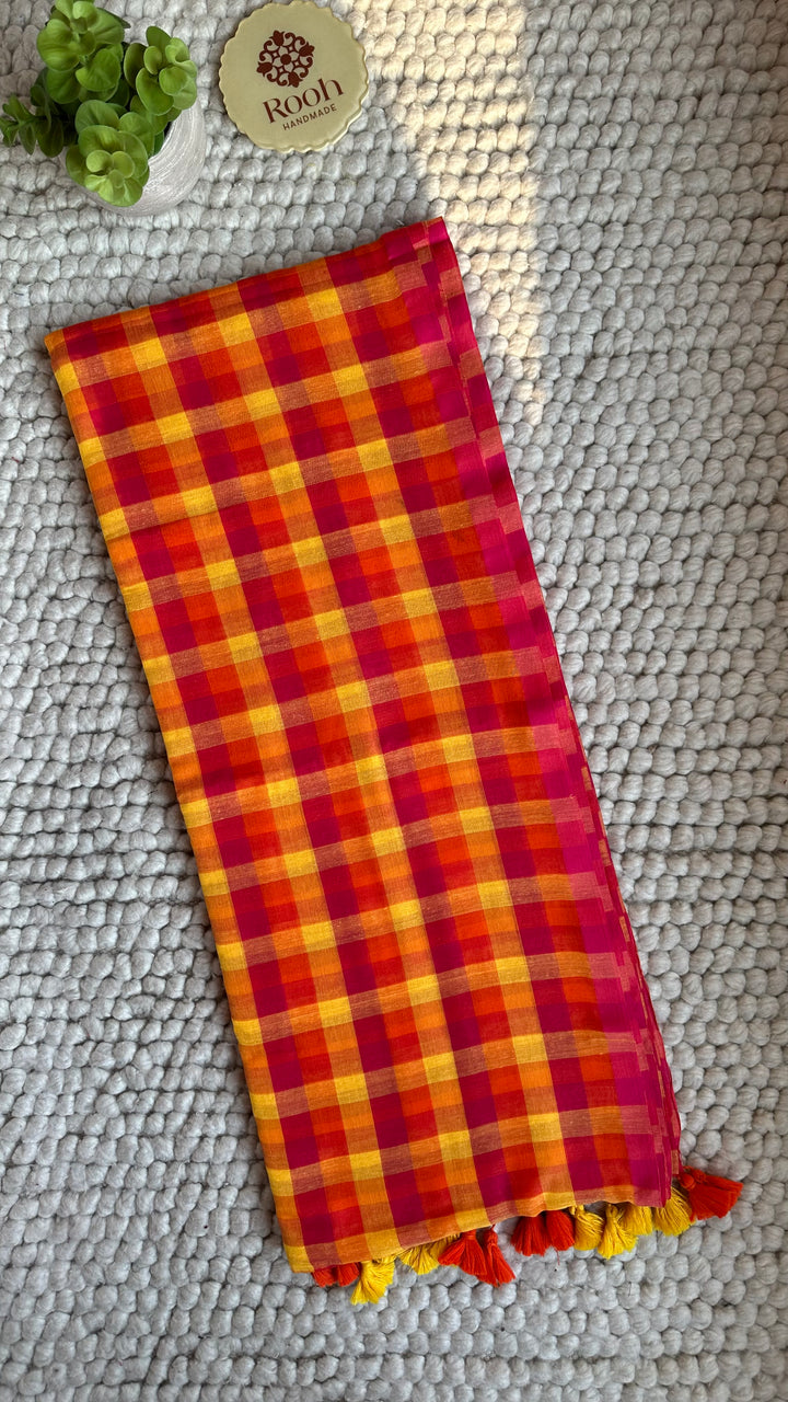 MULTICOLOUR CHECKS PURE SUPER SOFT MULMUL COTTON SAREE - 015