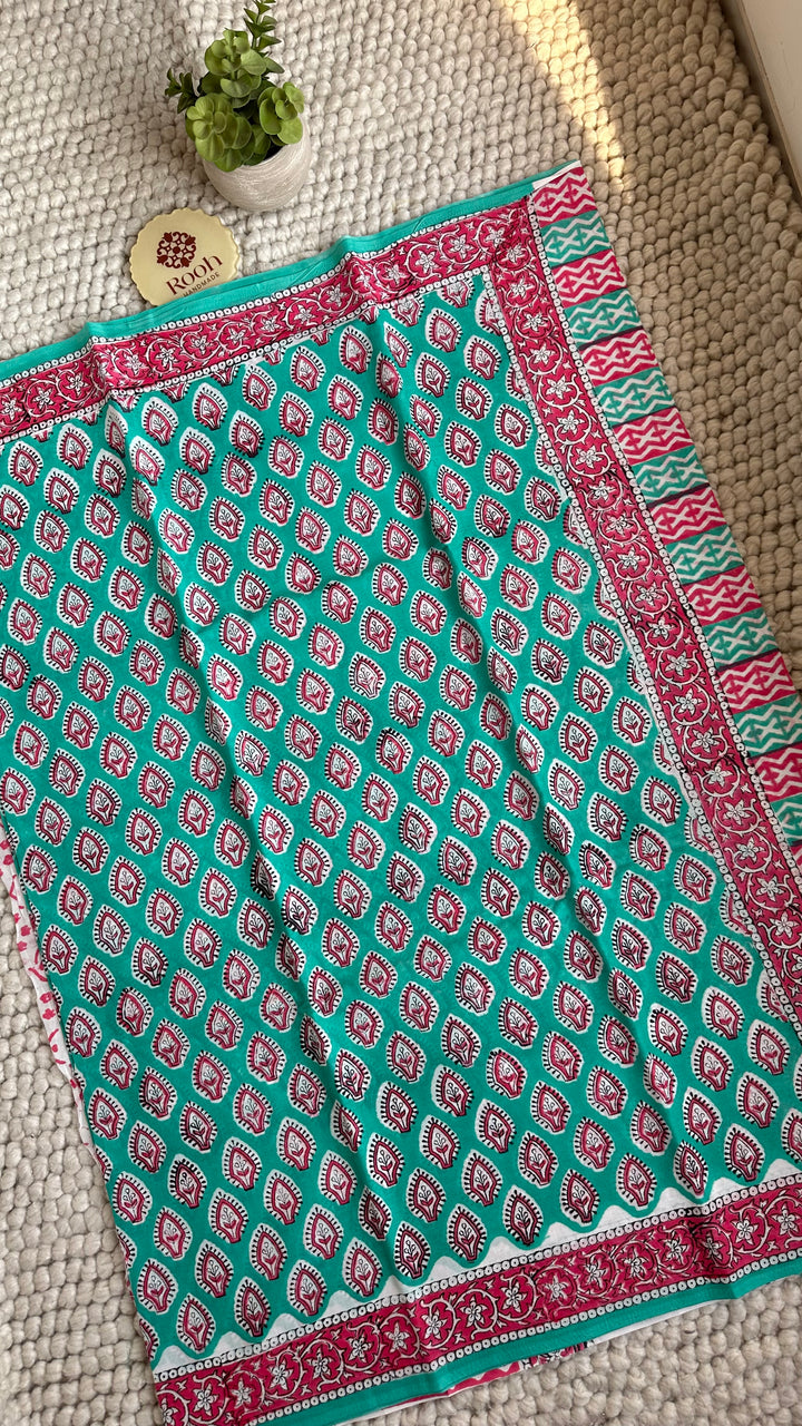 BAGRU HAND BLOCK PRINTED SOFT MULMUL COTTON SAREE- 148