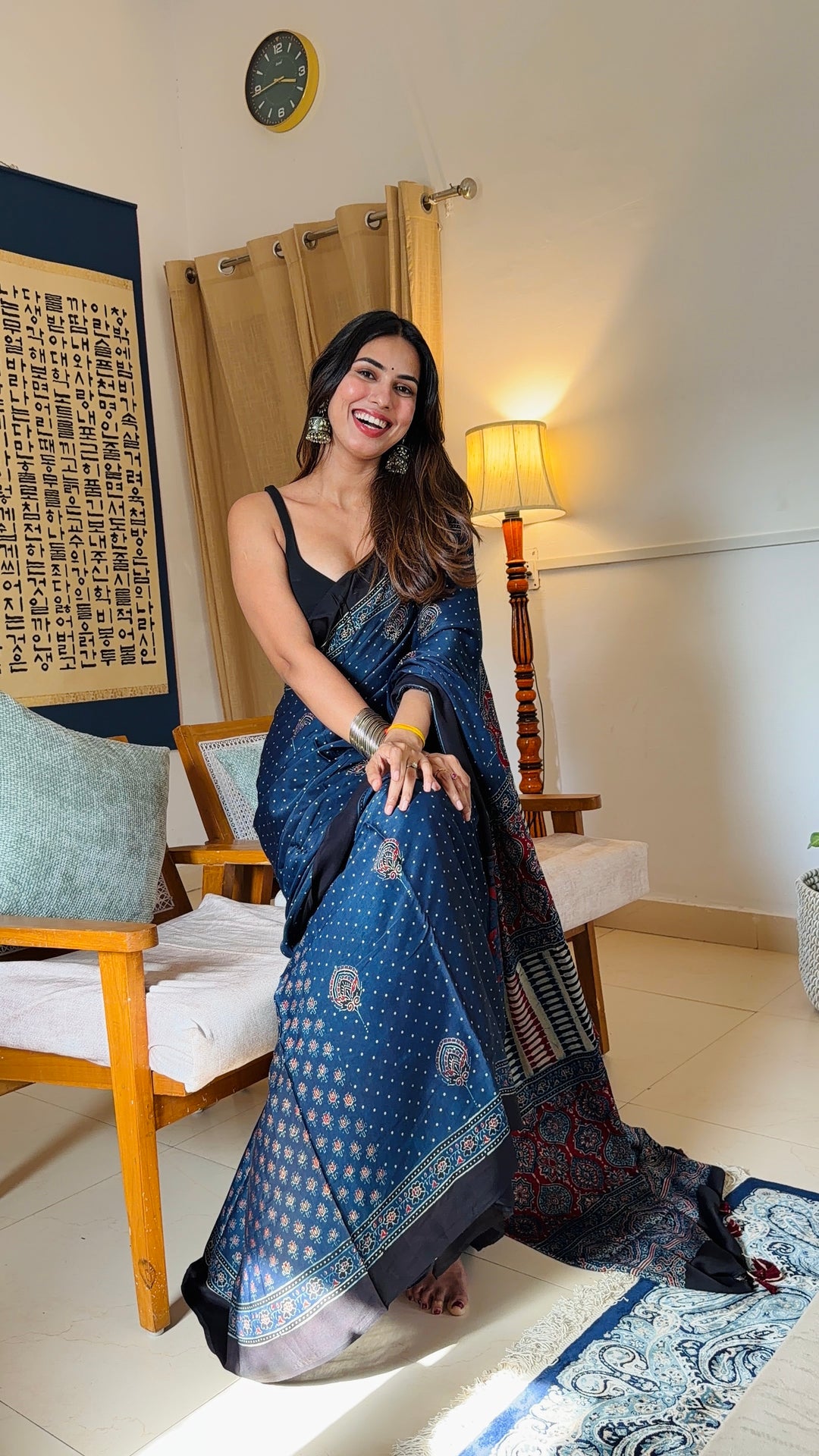 INDIGO BLOOMS - PREMIUM HALF AND HALF AJRAKH HAND BLOCK PRINTED PREMIUM MODAL SILK SAREE