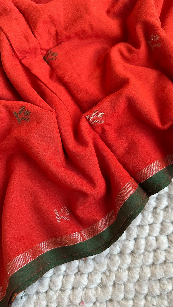 PREMIUM NEEDLE WORK JAMDANI HANDWOVEN AND HANDSPUN COTTON SAREE - RUST ORANGE