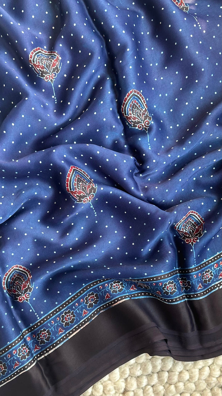 INDIGO BLOOMS - PREMIUM HALF AND HALF AJRAKH HAND BLOCK PRINTED PREMIUM MODAL SILK SAREE