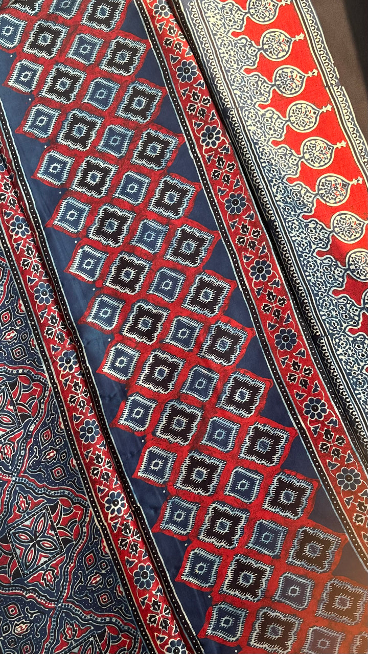 ABSTRACT DOTS & LINES - PREMIUM HALF AND HALF AJRAKH HAND BLOCK PRINTED PREMIUM MODAL SILK SAREE