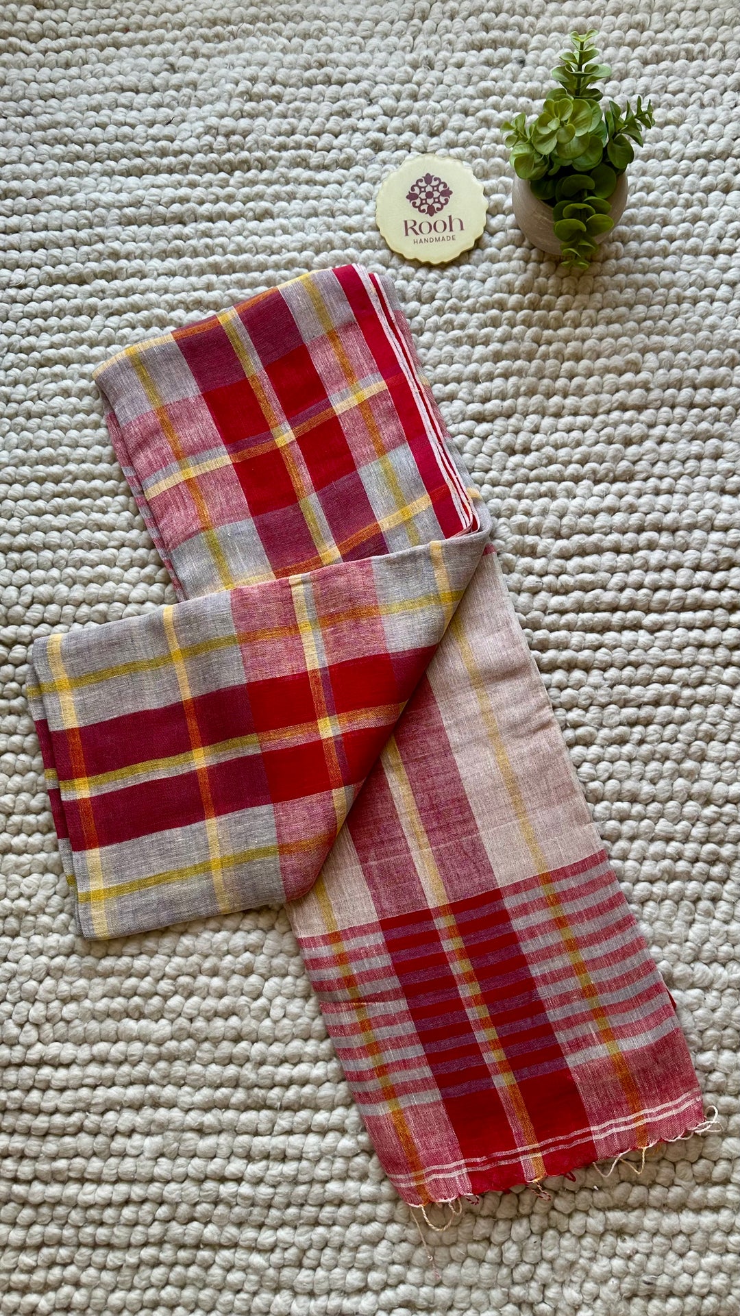 Multi Colour Checked Pure Handwoven Linen Saree - 003
