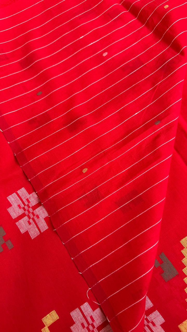 PREMIUM NEEDLE WORK JAMDANI HANDWOVEN COTTON SAREE - CLASSIC RED