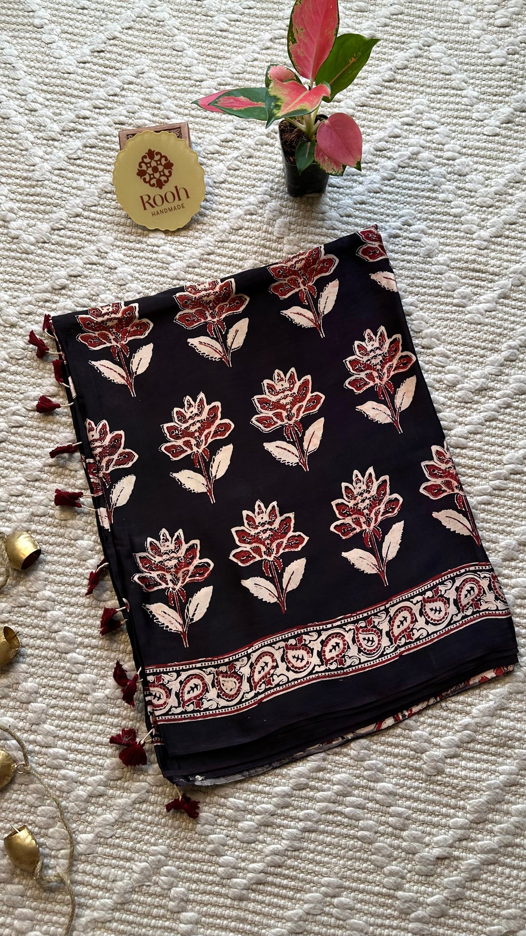 BLOSSOMS ON MIDNIGHT BLACK- SUPER PREMIUM & BUTTERY SOFT AJRAKH HAND BLOCK PRINTED MODAL SILK SAREE