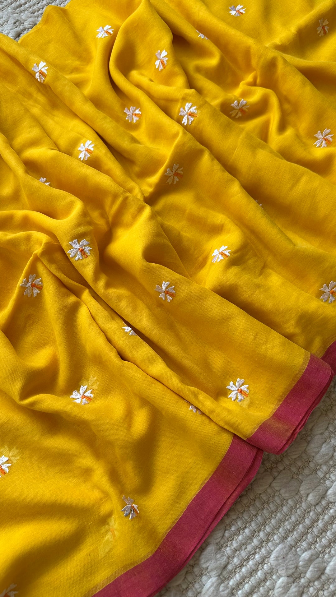 SHIULI - SUNSHINE YELLOW WITH PINK BORDER SUPER SOFT MUL COTTON SAREE (DISPATCH TIME - 7 TO 10 DAYS)
