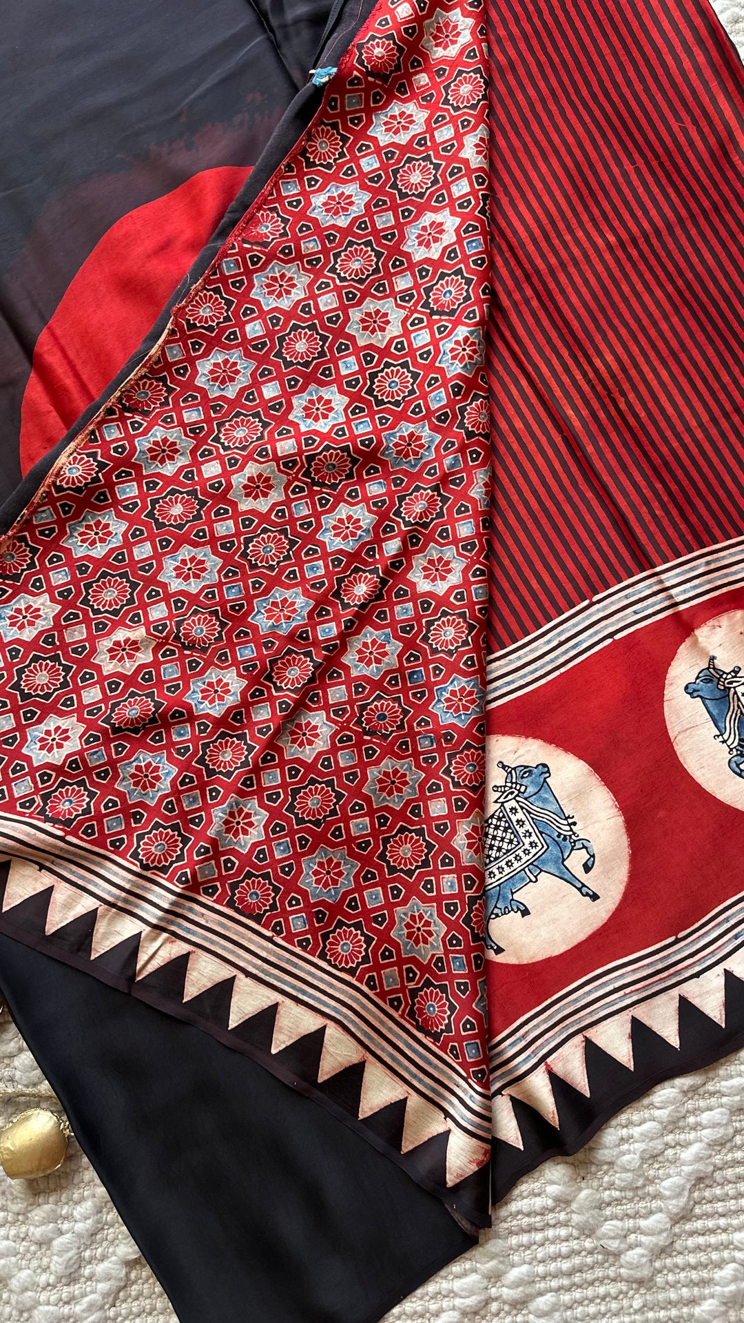 RED AND BLACK STRIPED PICHWAI - PREMIUM  AJRAKH HAND BLOCK PRINTED MODAL SILK SAREE (AVAILABLE ON PRE-ORDER - DISPATCH TIME IS 30-35 DAYS)