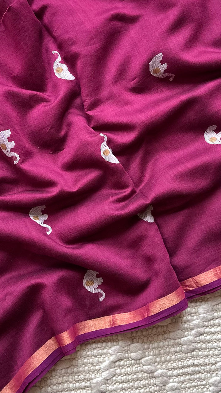PREMIUM JAMDANI WEAVE HANDWOVEN PURE SILK BY PURE COTTON SAREE - ROYAL MAGENTA