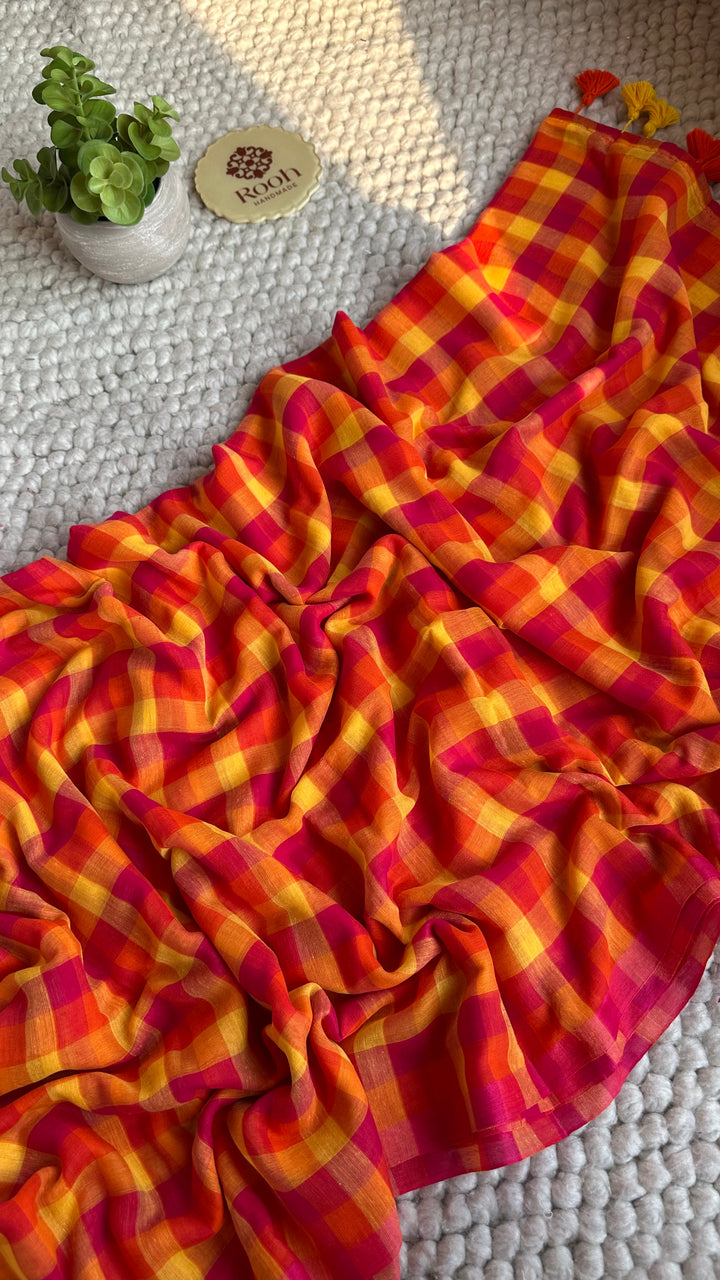 MULTICOLOUR CHECKS PURE SUPER SOFT MULMUL COTTON SAREE - 015