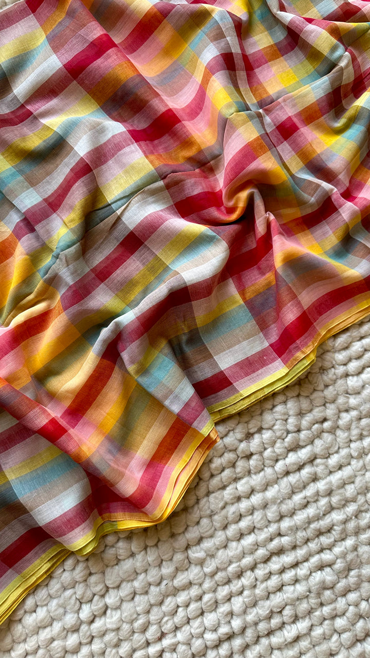 HANDWOVEN MULTICOLOUR CHECKERED MULMUL COTTON SAREE - 04 (DISPATCH TIME - 7 TO 10 DAYS)