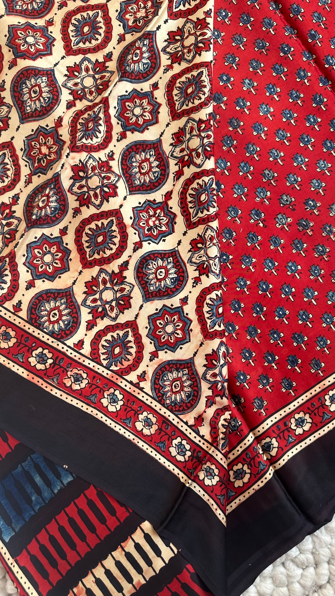 MADDER RED BLOOMS - PREMIUM HALF AND HALF AJRAKH HAND BLOCK PRINTED PREMIUM MODAL SILK SAREE