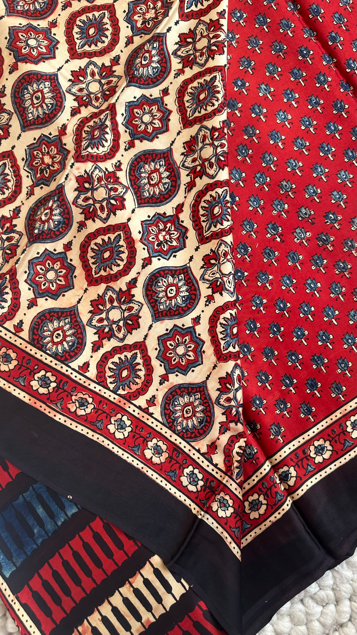 MADDER RED BLOOMS - PREMIUM HALF AND HALF AJRAKH HAND BLOCK PRINTED PREMIUM MODAL SILK SAREE