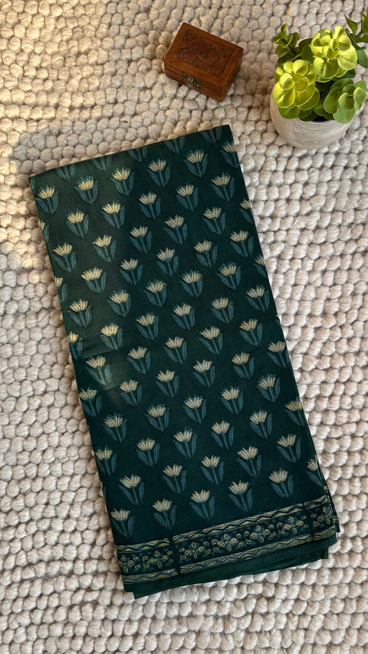 AKOLA INDIGO GREEN HAND BLOCK DABU PRINTED SOFT MULMUL COTTON SAREE- 032