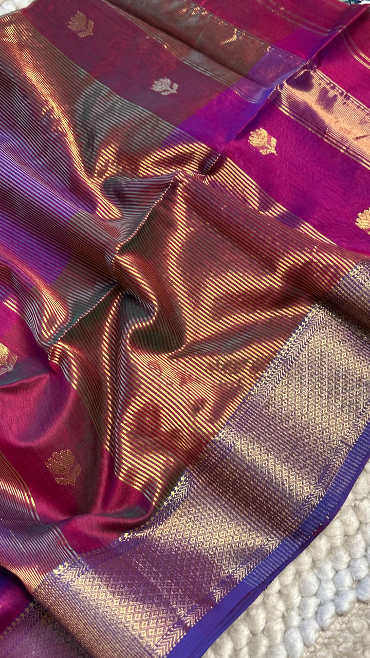 MAGENTA AND BLUE DUAL TONE- PREMIUM HANDWOVEN MAHESHWARI SILK BY COTTON SAREE (DISPATCH IN 7-10 DAYS)