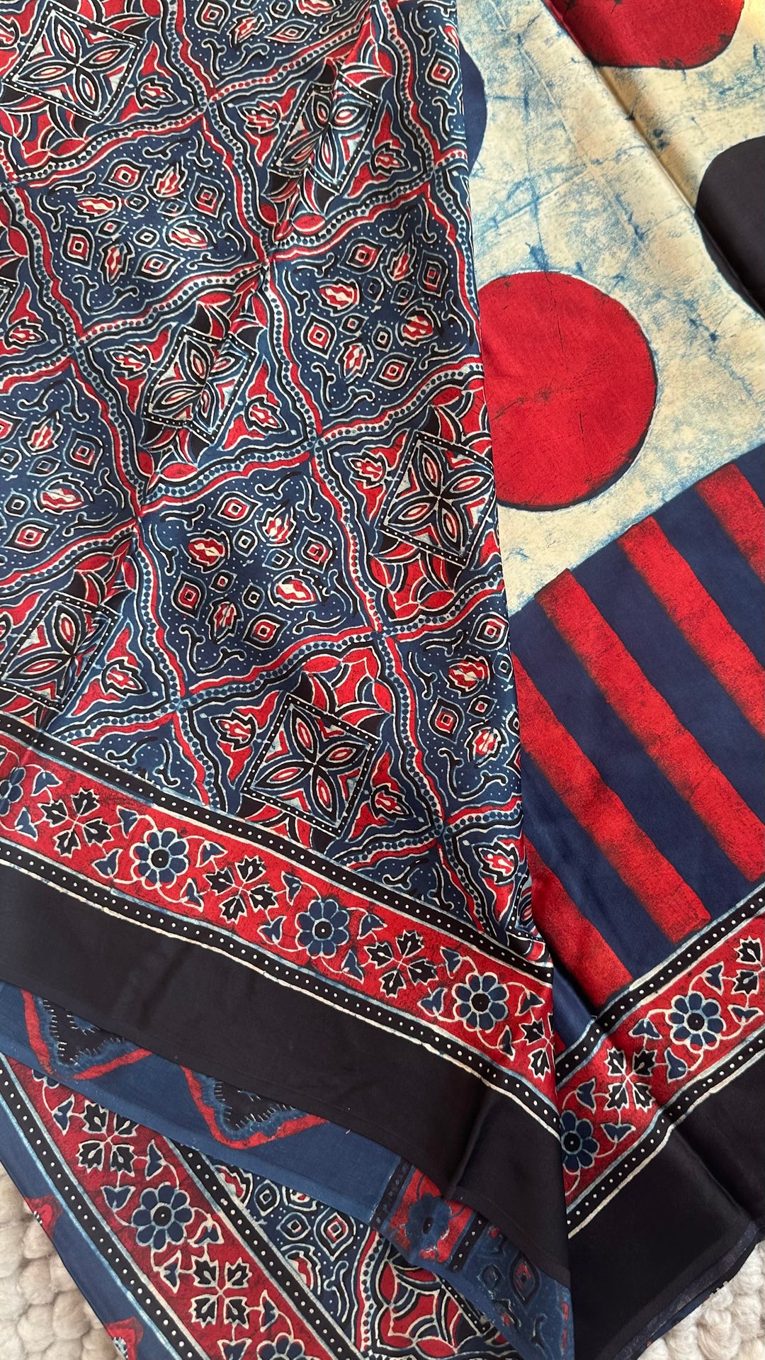 ABSTRACT DOTS & LINES - PREMIUM HALF AND HALF AJRAKH HAND BLOCK PRINTED PREMIUM MODAL SILK SAREE