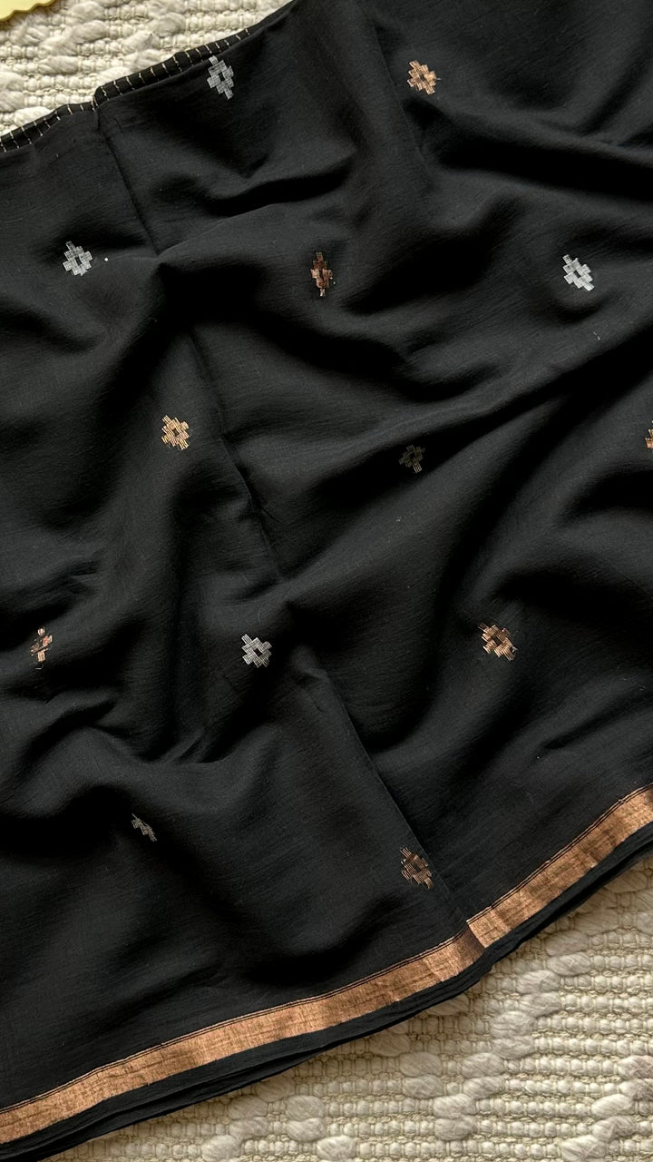 PREMIUM JAMDANI WEAVE HANDWOVEN AND HANDSPUN COTTON SAREE - RICH BLACK
