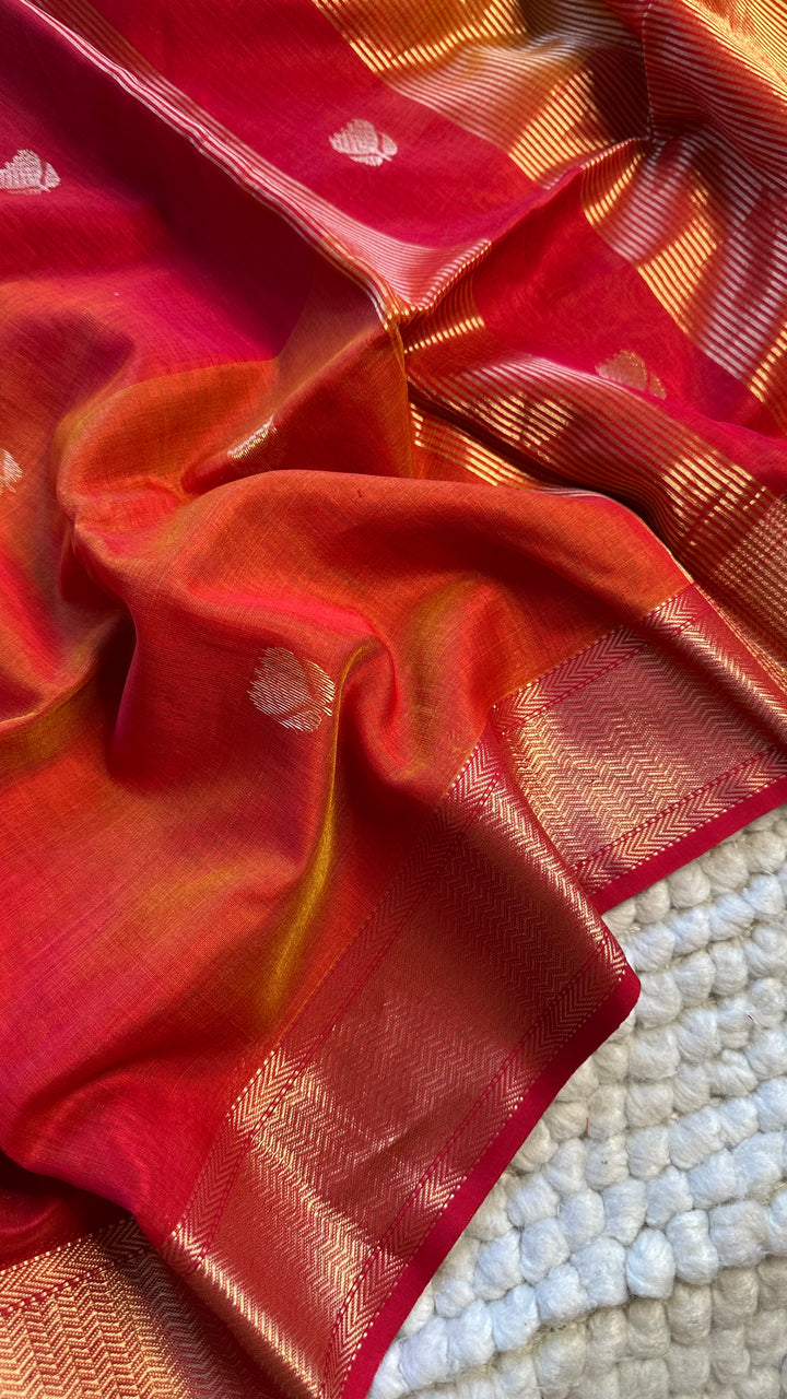 WARM RED & SUNSHINE YELLOW DUAL TONE- PREMIUM HANDWOVEN MAHESHWARI SILK BY COTTON SAREE