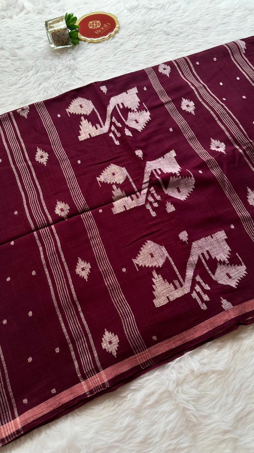 PREMIUM JAMDANI WEAVE HANDWOVEN AND HANDSPUN COTTON SAREE - BURGUNDY WINE