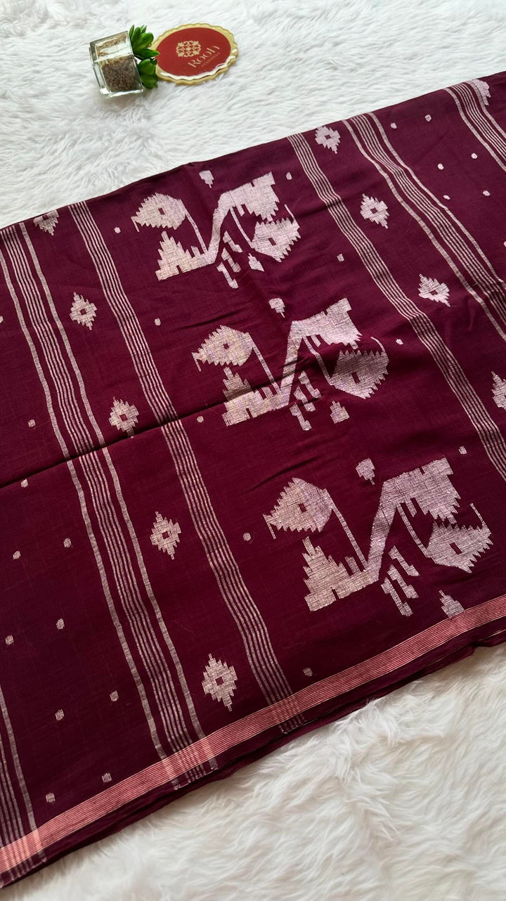 PREMIUM JAMDANI WEAVE HANDWOVEN AND HANDSPUN COTTON SAREE - BURGUNDY WINE