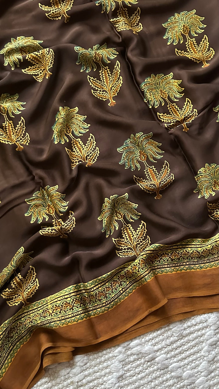 CINNAMON BLOSSOMS - DEEP BROWN PREMIUM AJRAKH HAND BLOCK PRINTED MODAL SILK SAREE(ONLY AVAILABLE ON PRE ORDER- DISPATCH TIME IS 30-45 DAYS)