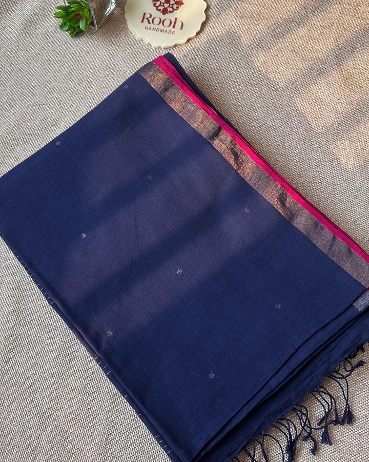 PREMIUM JAMDANI WEAVE HANDWOVEN AND HANDSPUN COTTON SAREE - PINK ON MIDNIGHT BLUE ( DISPATCH TIME IS 5-7 DAYS )