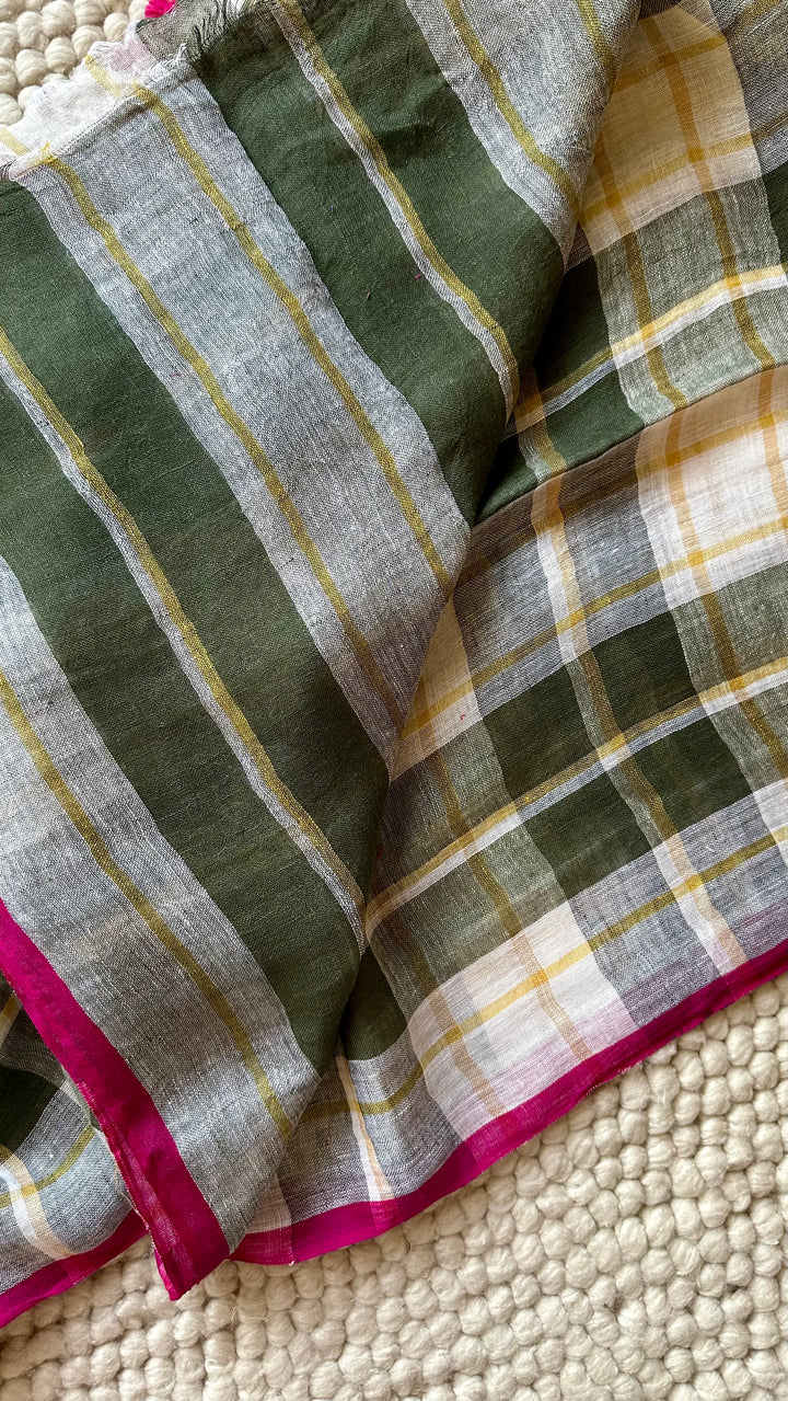 Multi Colour Checked Pure Handwoven Linen Saree - 006