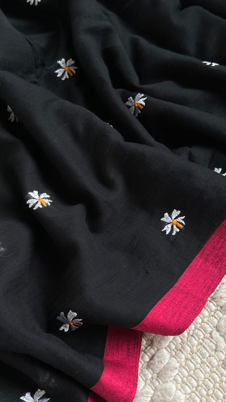 SHIULI - BLACK WITH PINK BORDER SUPER SOFT MUL COTTON SAREE (DISPATCH TIME- 7 TO 10 DAYS)