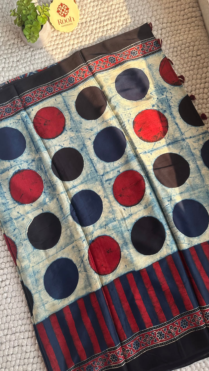 ABSTRACT DOTS & LINES - PREMIUM HALF AND HALF AJRAKH HAND BLOCK PRINTED PREMIUM MODAL SILK SAREE