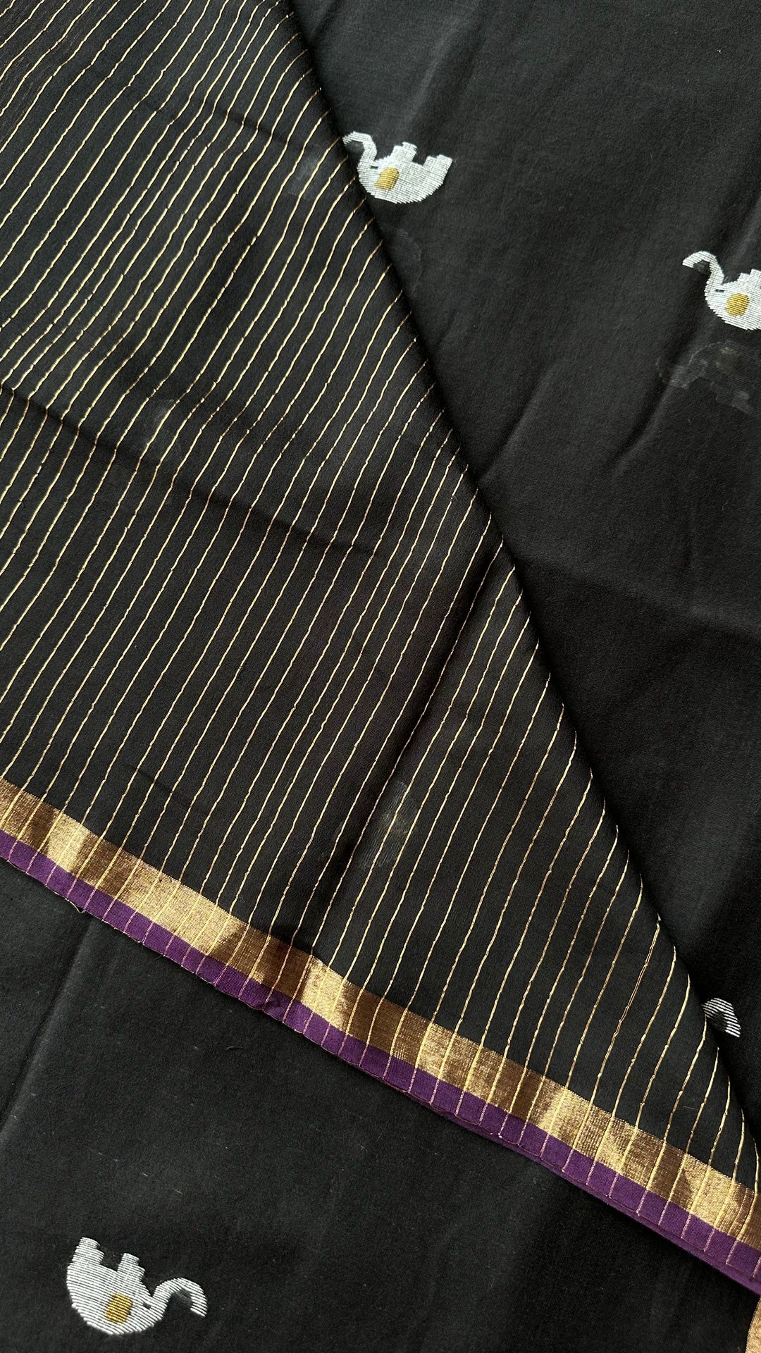 PREMIUM JAMDANI WEAVE HANDWOVEN PURE SILK BY PURE COTTON SAREE - OXFORD BLACK