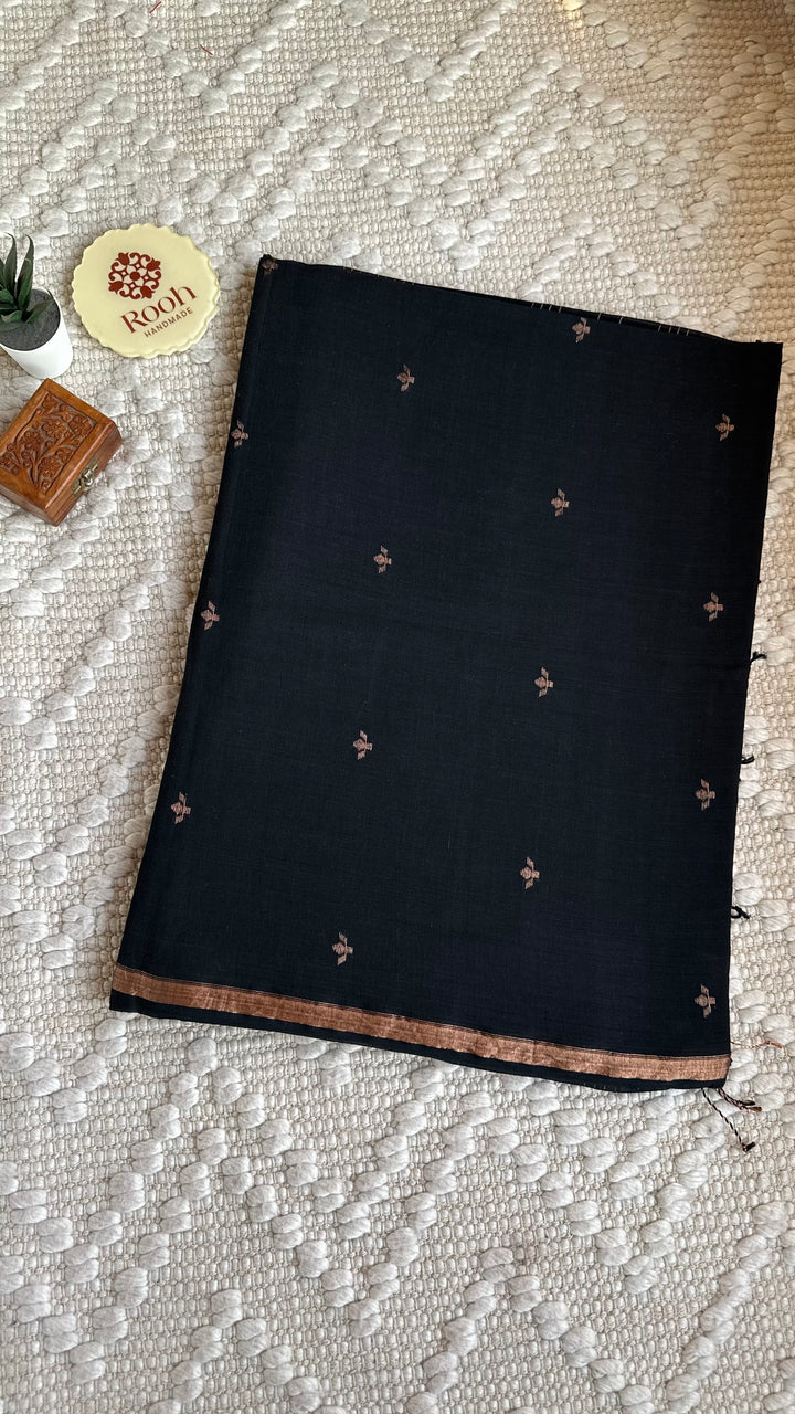 PREMIUM JAMDANI WEAVE HANDWOVEN AND HANDSPUN COTTON SAREE - MIDNIGHT BLACK (AVAILABLE ON PRE-ORDER - DISPATCH TIME IS 30-35 DAYS)
