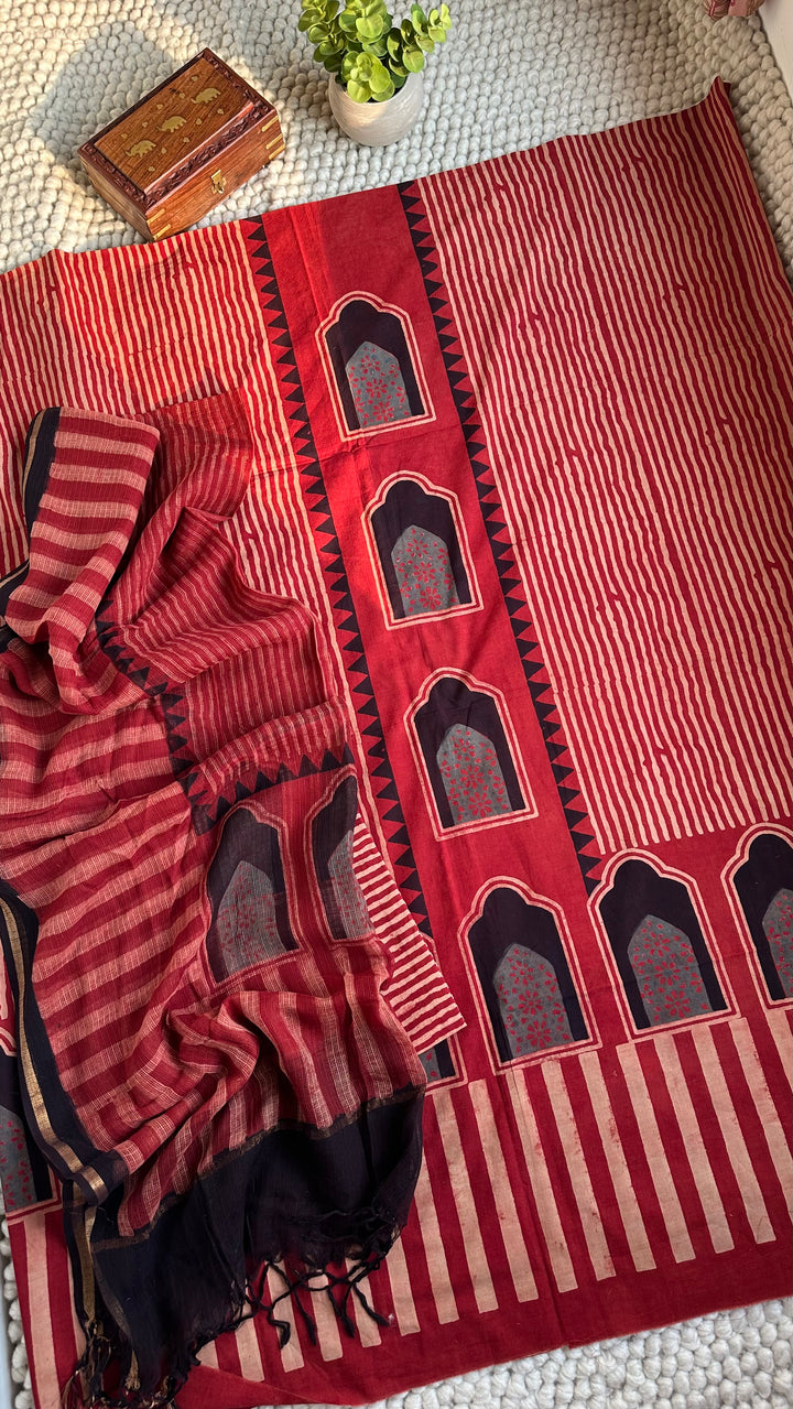 AJRAKH HANDBLOCK PRINTED UNSTITCHED DRESS MATERIAL (SET OF THREE)- MADDER RED LOVE