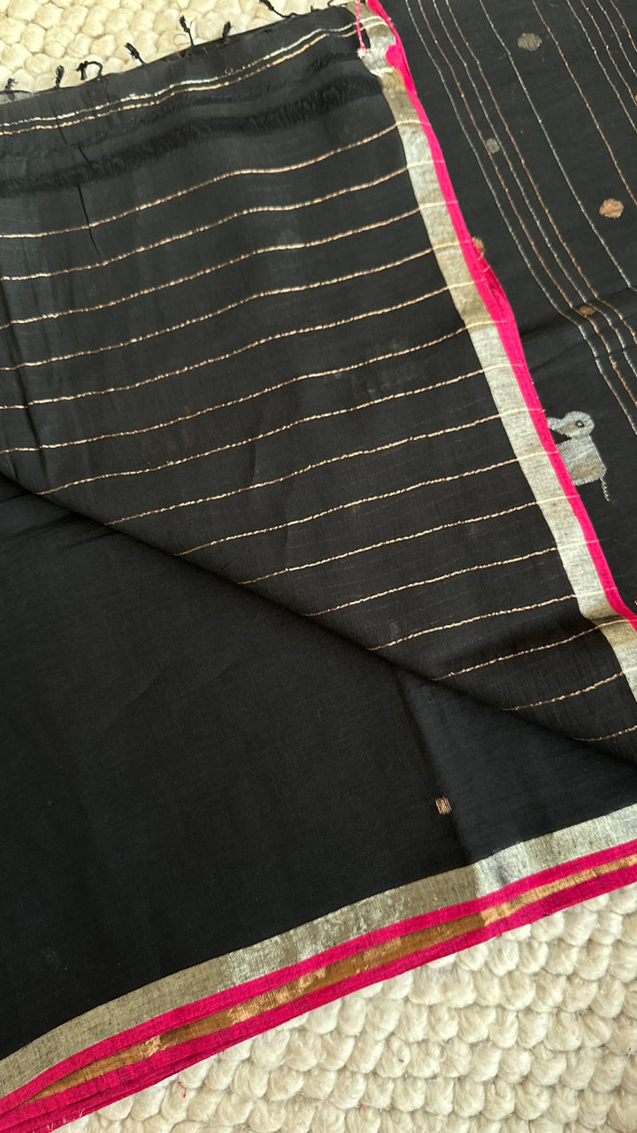 PREMIUM NEEDLE WORK JAMDANI HANDWOVEN AND HANDSPUN COTTON SAREE - CHARCOAL BLACK