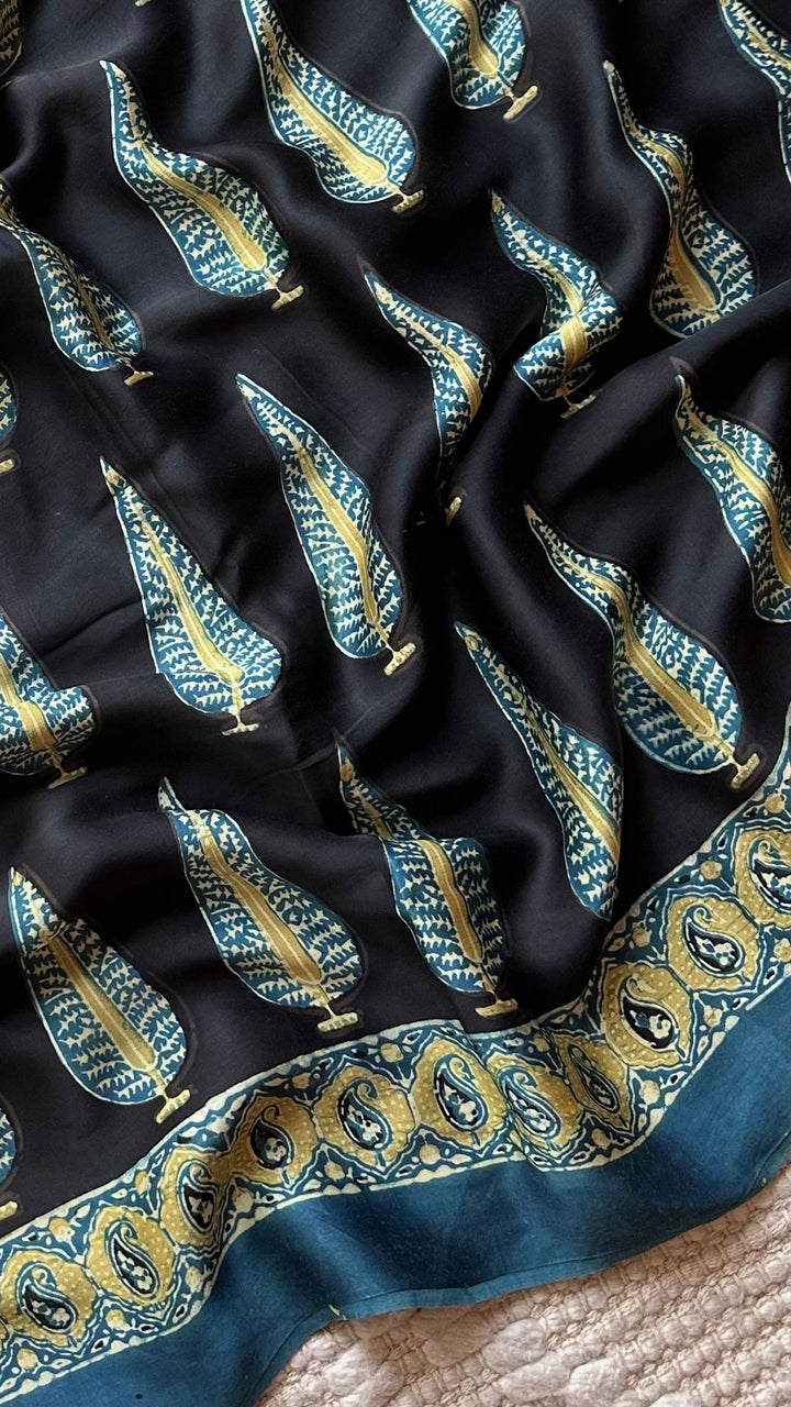 MIDNIGHT PINES - SUPER PREMIUM & BUTTERY SOFT AJRAKH HAND BLOCK PRINTED MODAL SILK SAREE