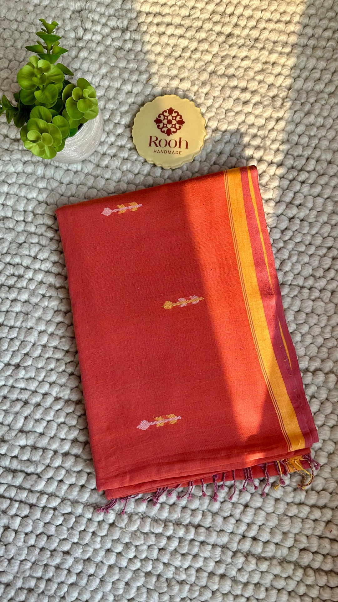 PREMIUM NEEDLE WORK JAMDANI HANDWOVEN AND HANDSPUN COTTON SAREE - PEACHY ORANGE
