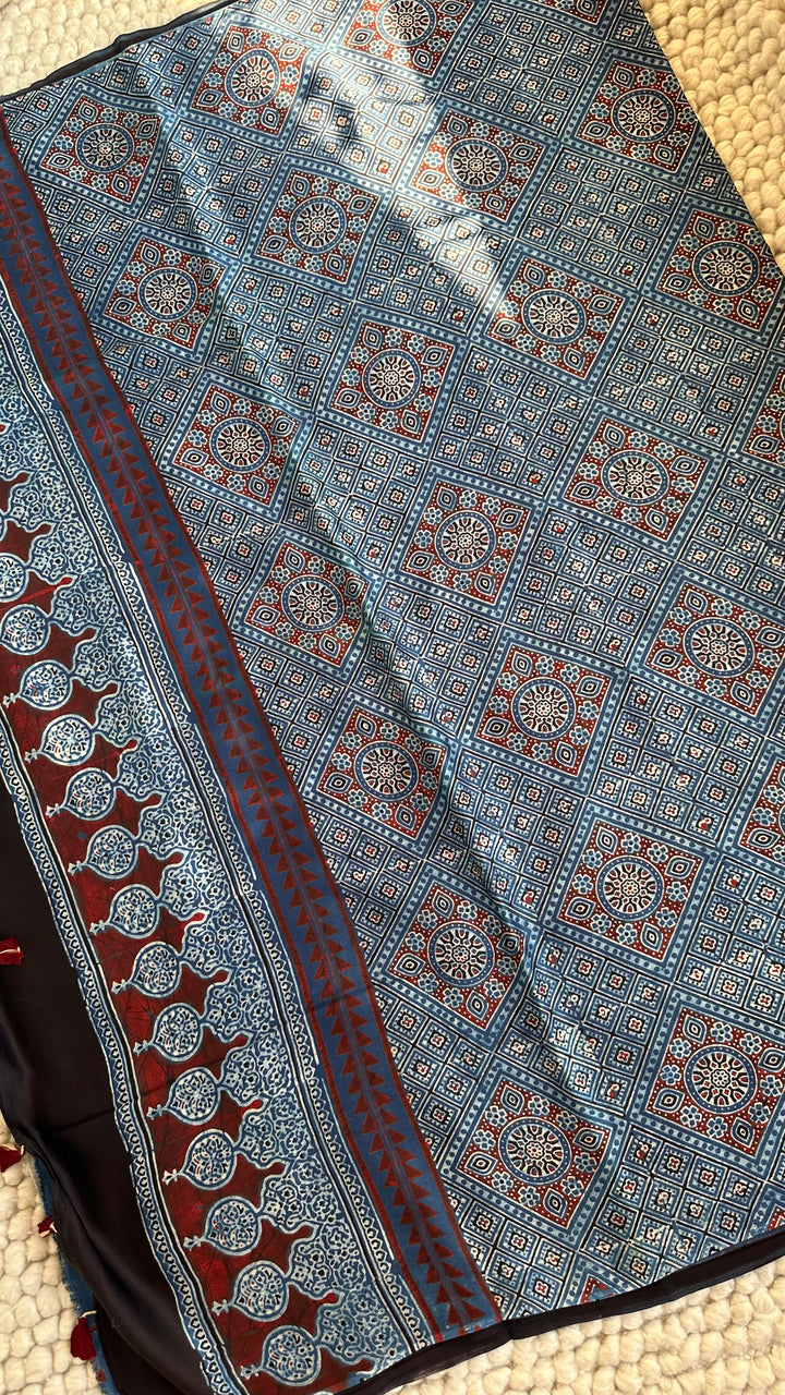 MARBLE INDIGO CHARMS  - AJRAKH HAND BLOCK PRINTED PREMIUM MODAL SILK SAREE