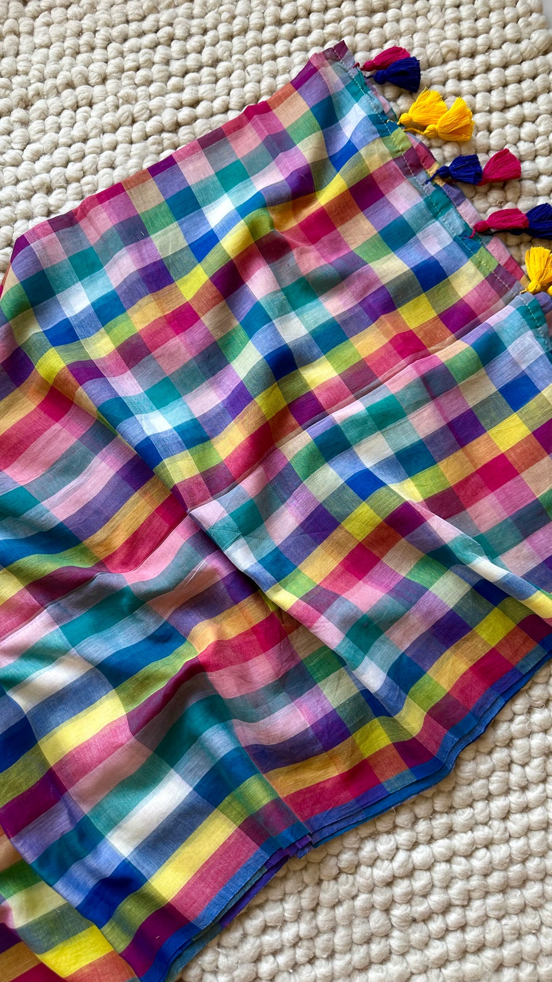 HANDWOVEN MULTICOLOUR CHECKERED MULMUL COTTON SAREE - 05 (DISPATCH TIME - 7 TO 10 DAYS)