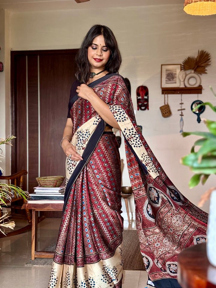 MAHOGANY RADIANCE - AJRAKH HAND BLOCK PRINTED MODAL SILK SAREE