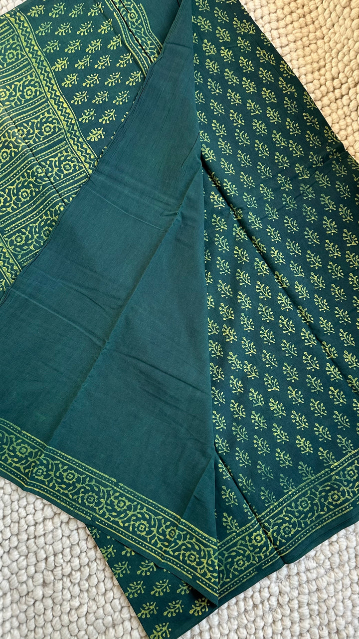 AKOLA INDIGO GREEN HAND BLOCK DABU PRINTED SOFT MULMUL COTTON SAREE- 033