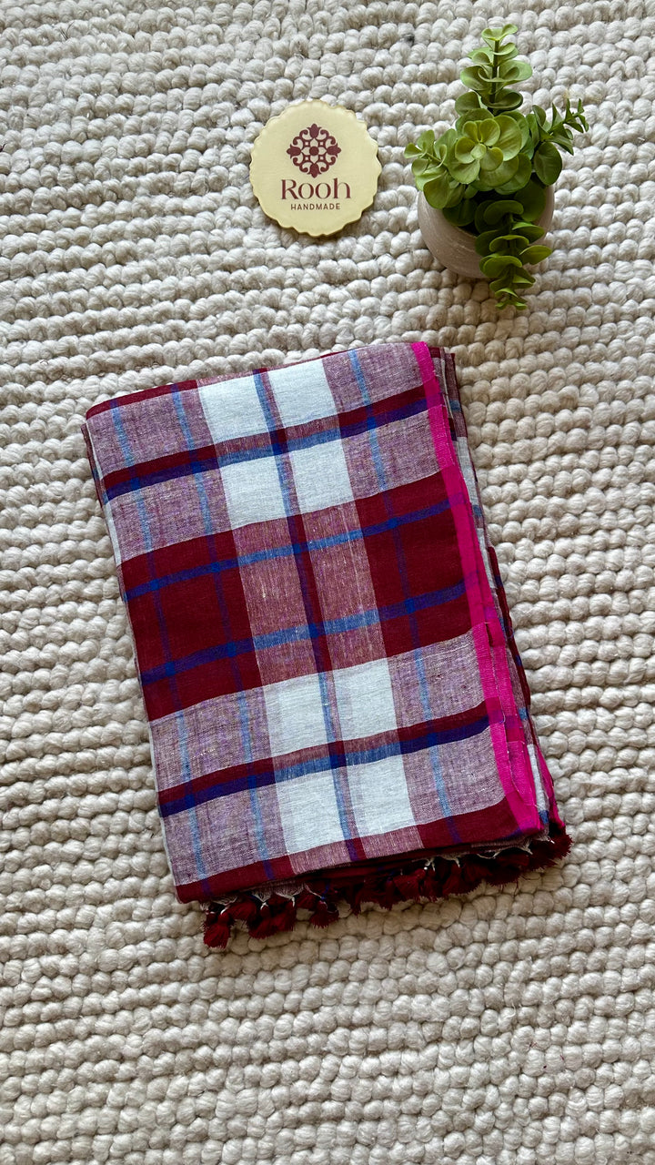 Multi Colour Checked Pure Handwoven Linen Saree - 007