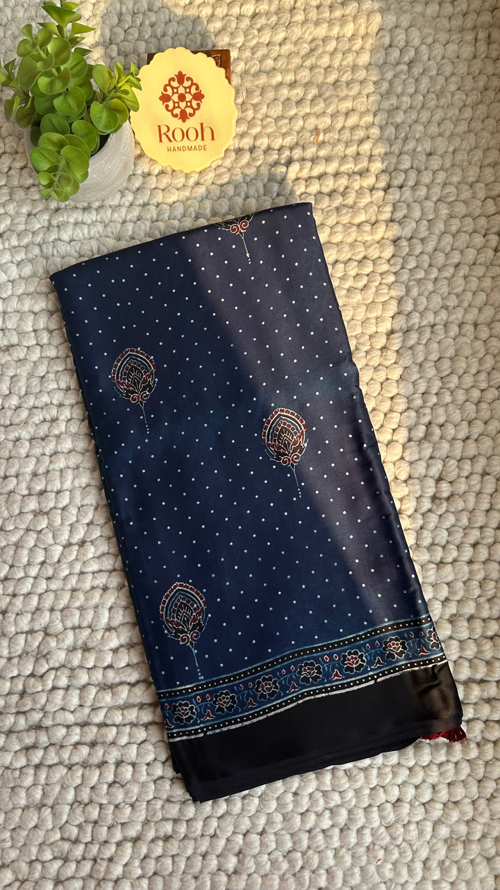 INDIGO BLOOMS - PREMIUM HALF AND HALF AJRAKH HAND BLOCK PRINTED PREMIUM MODAL SILK SAREE