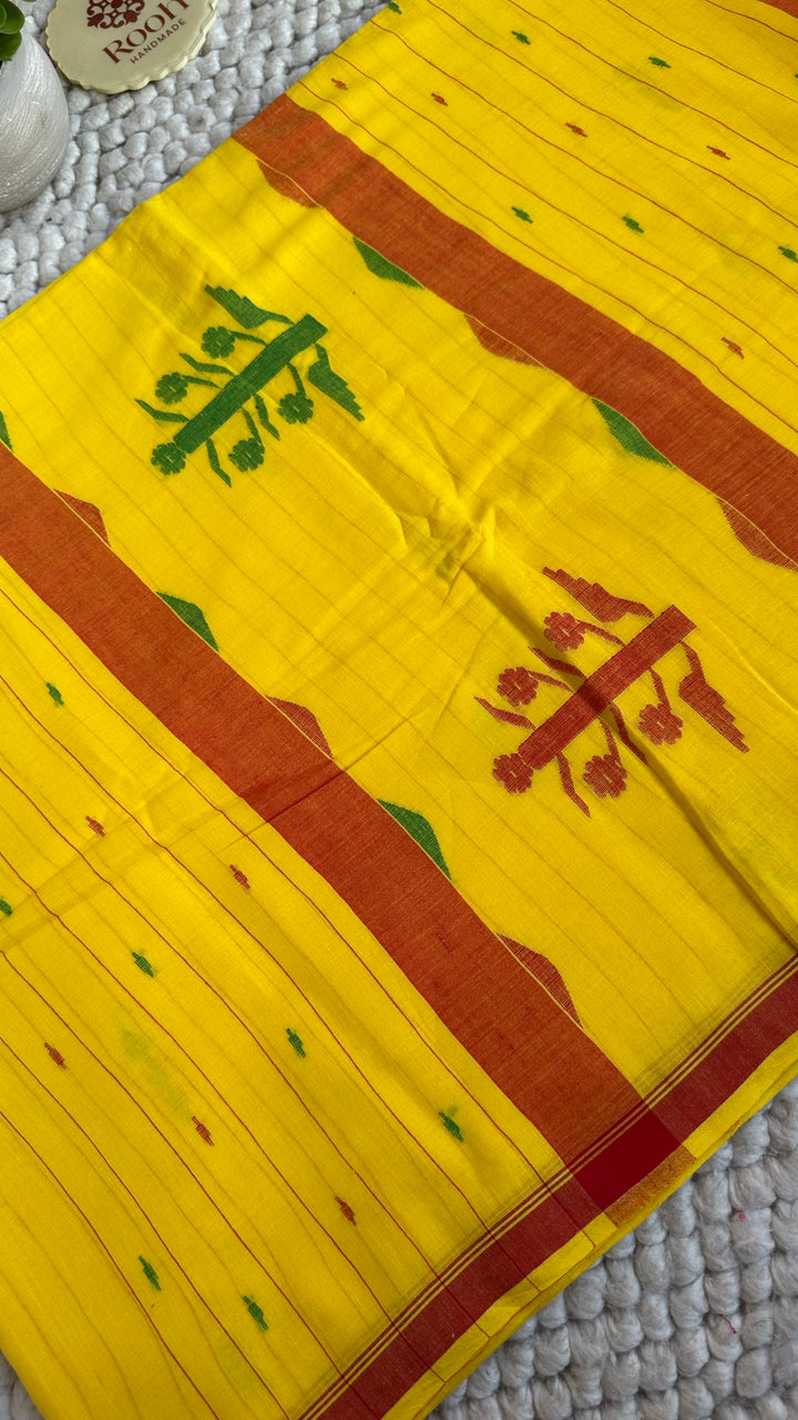 PREMIUM NEEDLE WORK JAMDANI HANDWOVEN AND HANDSPUN COTTON SAREE - MUSTARD YELLOW
