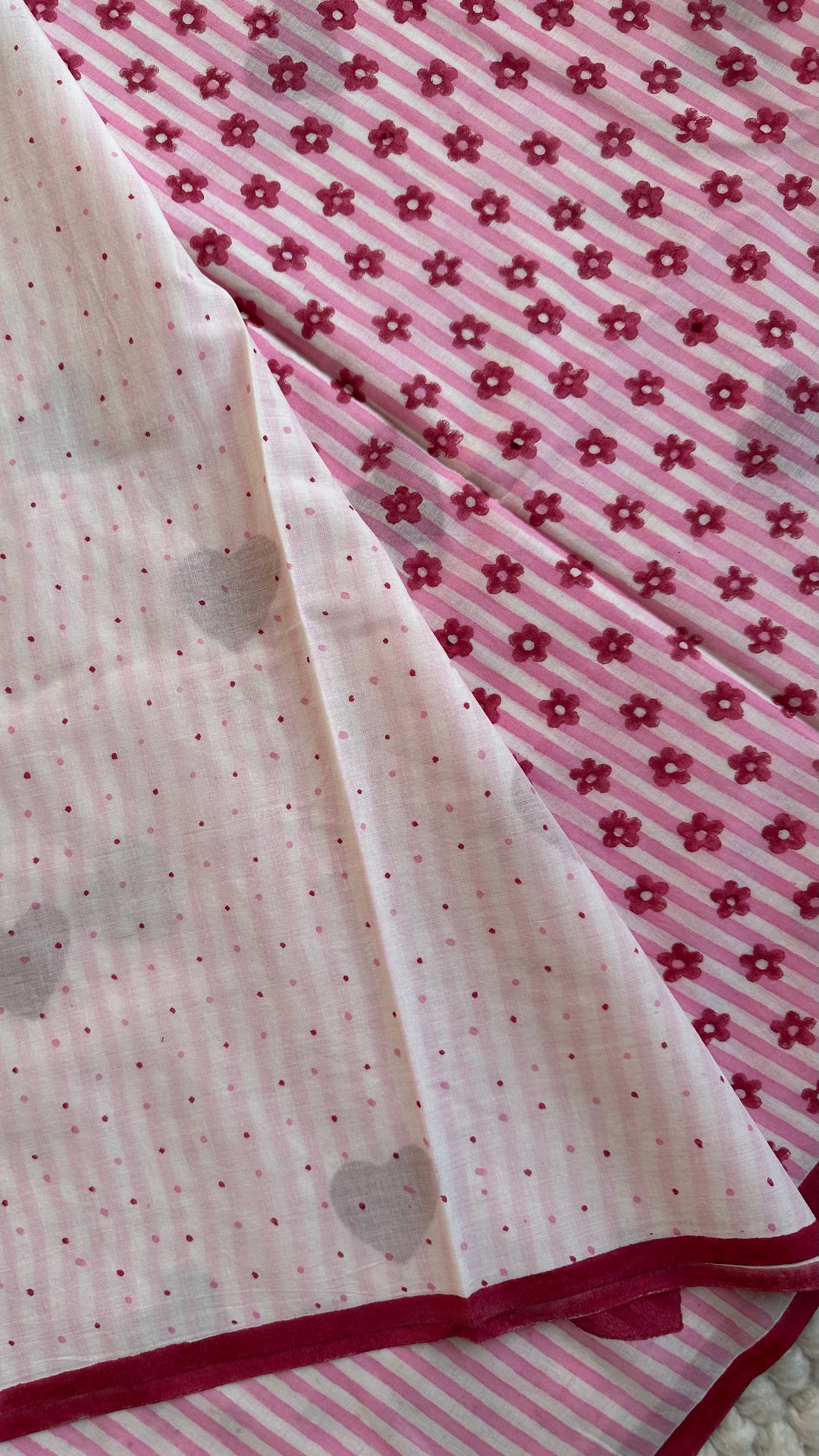 SANGANERI HAND BLOCK PRINTED SOFT MULMUL COTTON SAREE- CANDID HEARTS